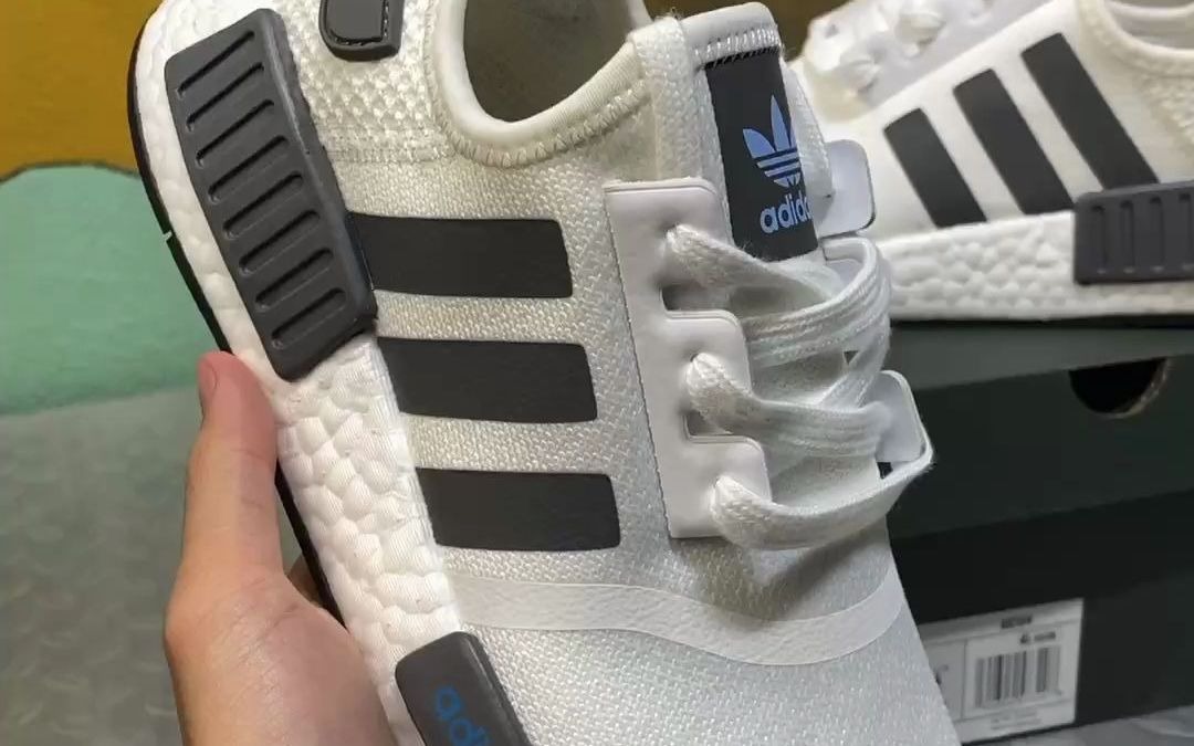 adidasnmdr1v2系列爆米缓花69震跑鞋白灰蓝