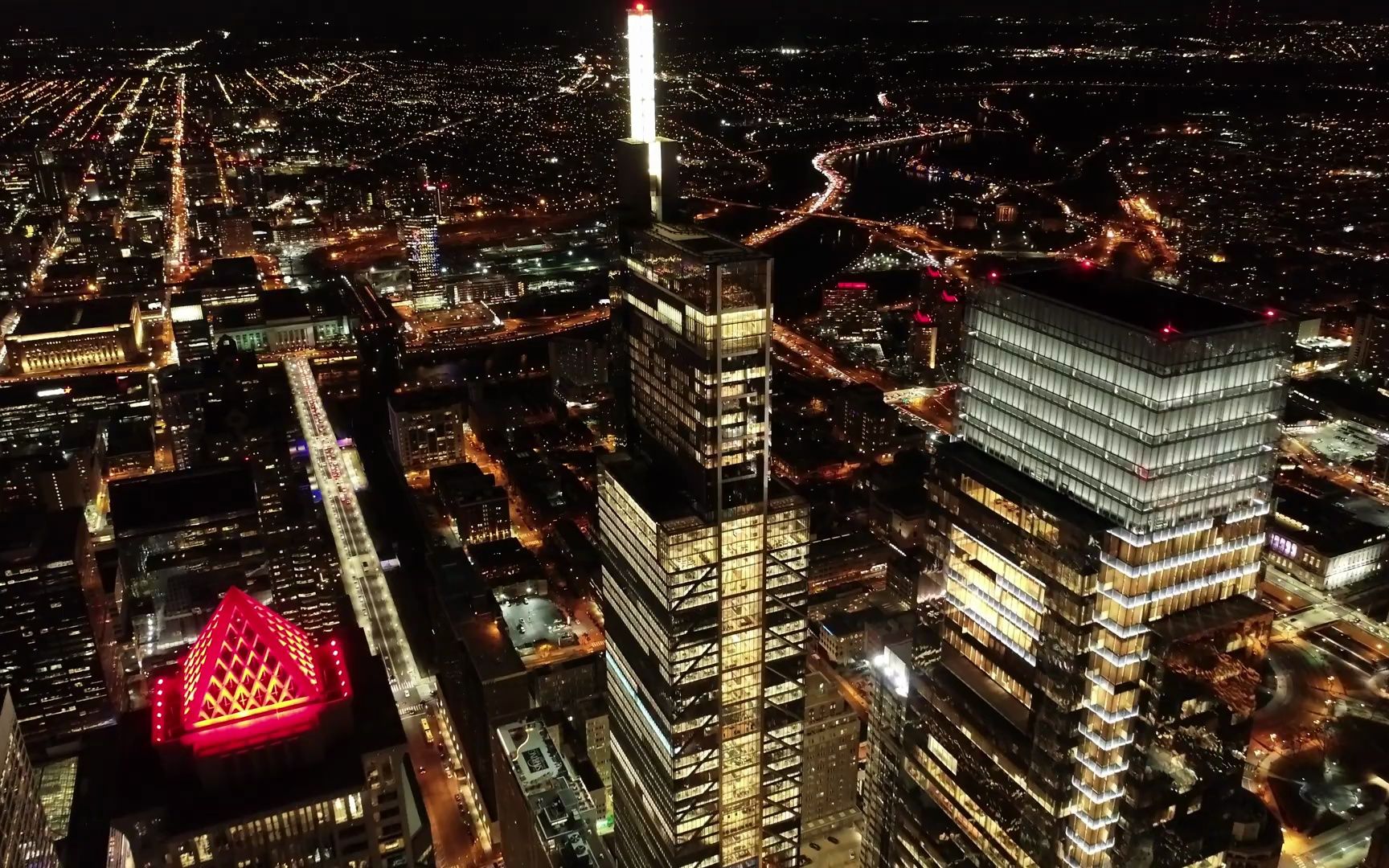 航拍费城城市摩天大楼夜景灯光