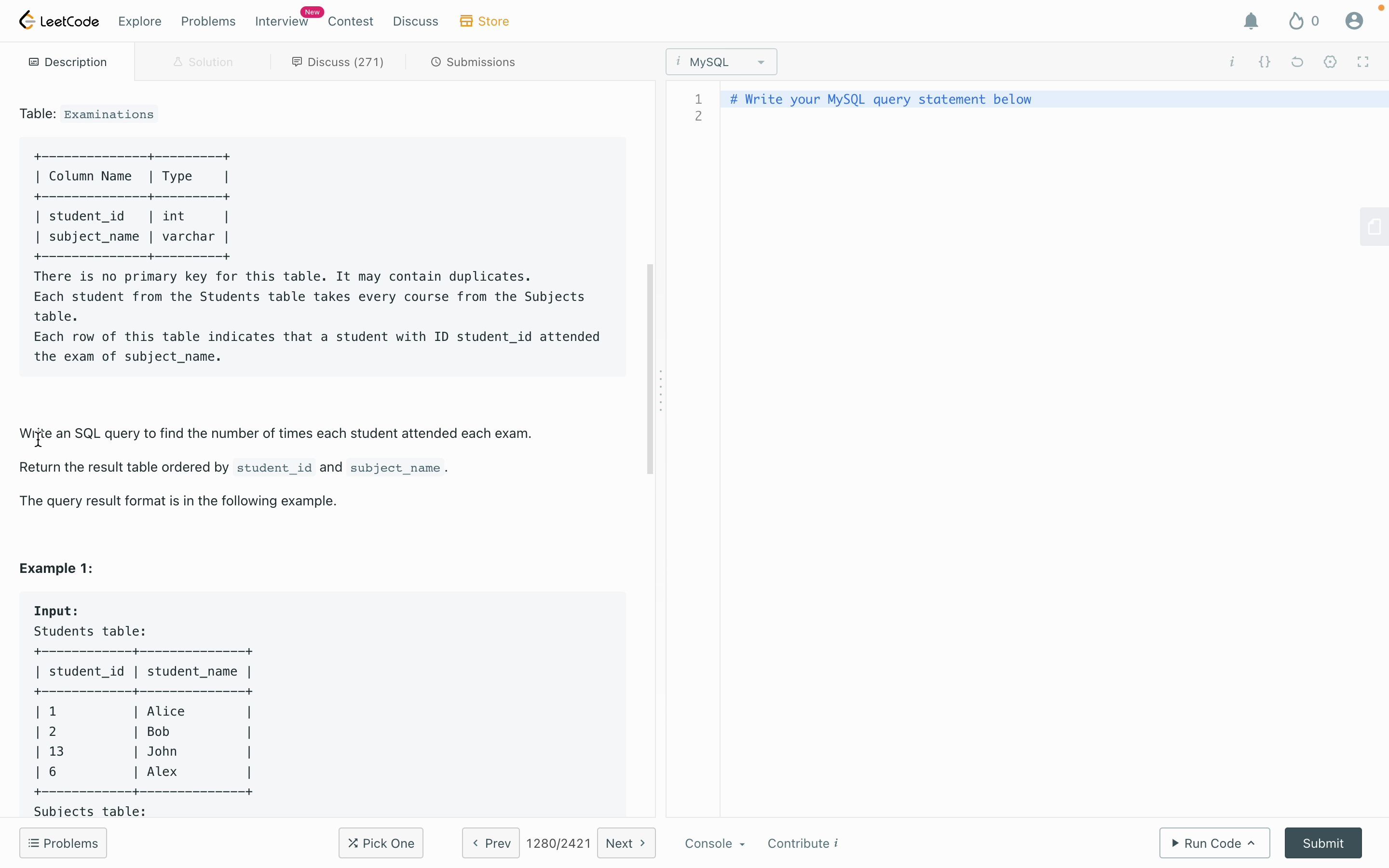 [图]SQL LeetCode：1280. Students and Examinations