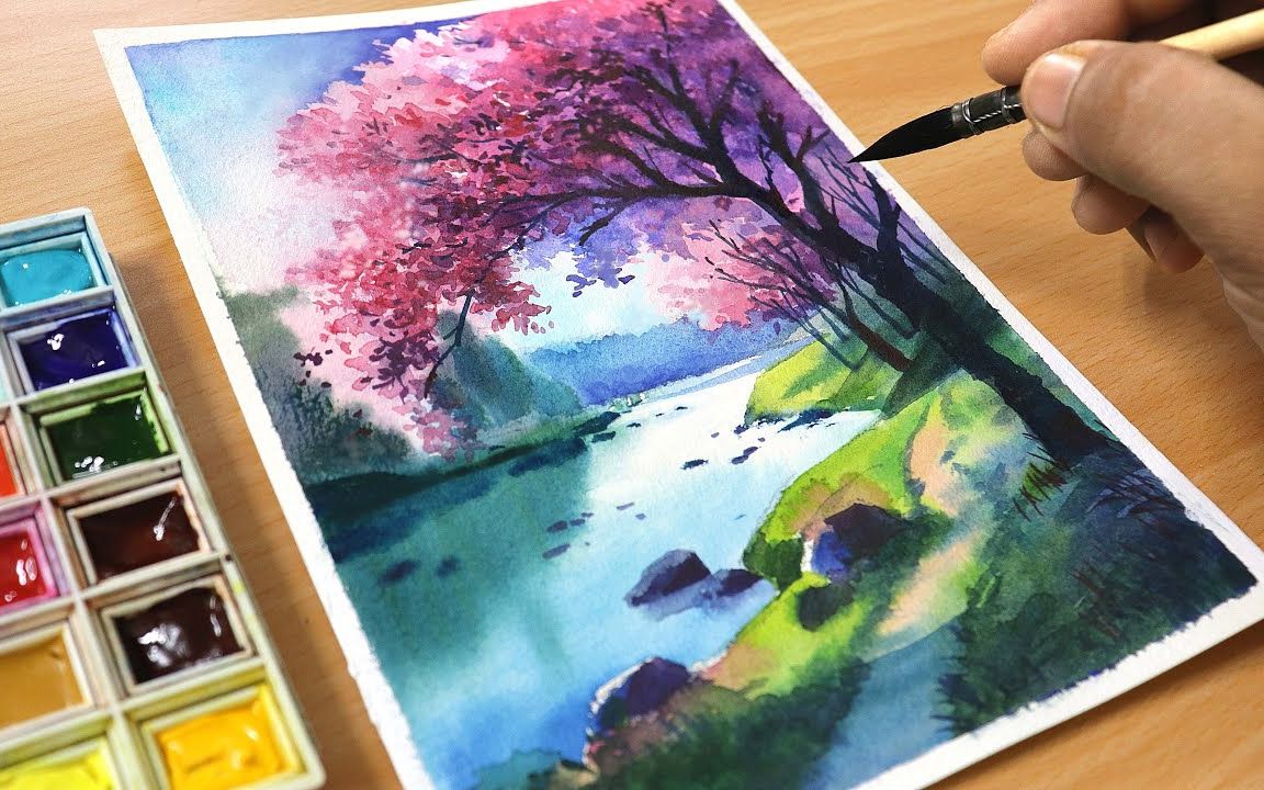 春日风景水彩画