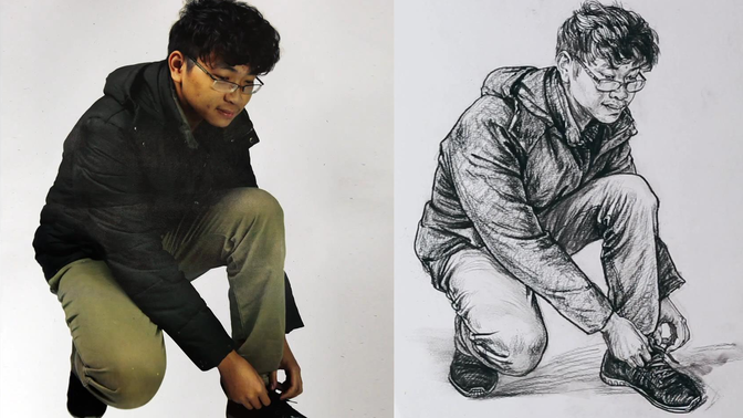 初级单人速写带眼镜的男青年蹲着系鞋带