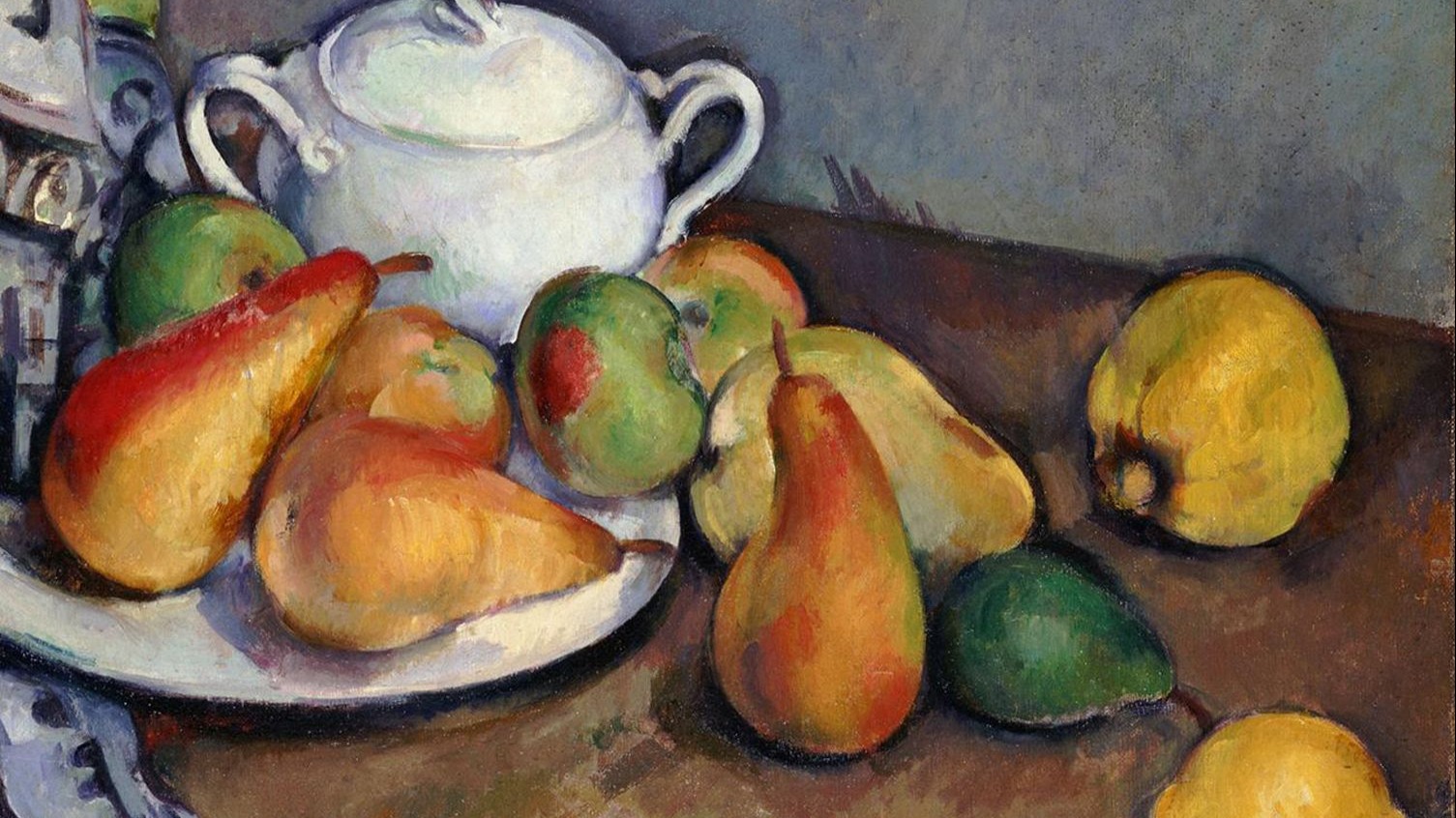 白色糖罐与梨子的静物绘画过程,临摹塞尚的印象派风格油画作品