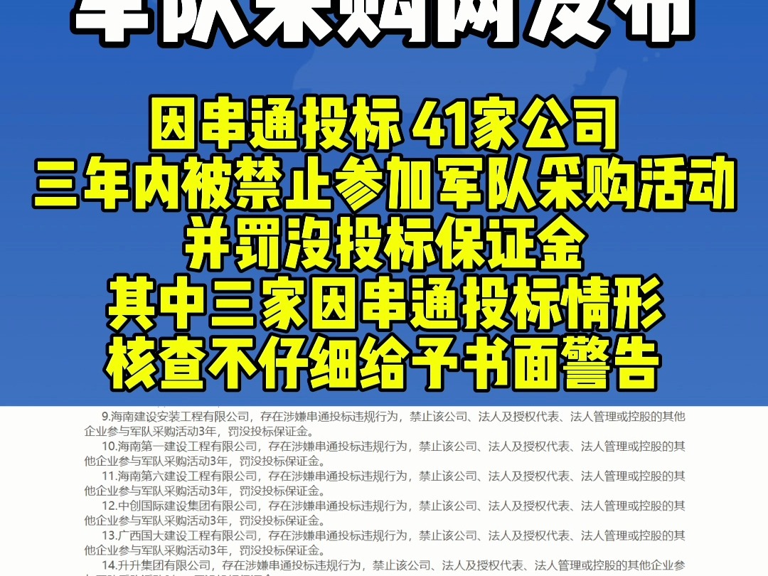 军队采购网发布!因串通投标41家公司三年内被禁止参加军队采购活动,并罚没投标保证金,其中三家因串通投标情形核查不仔细给予书面警告哔哩哔哩...