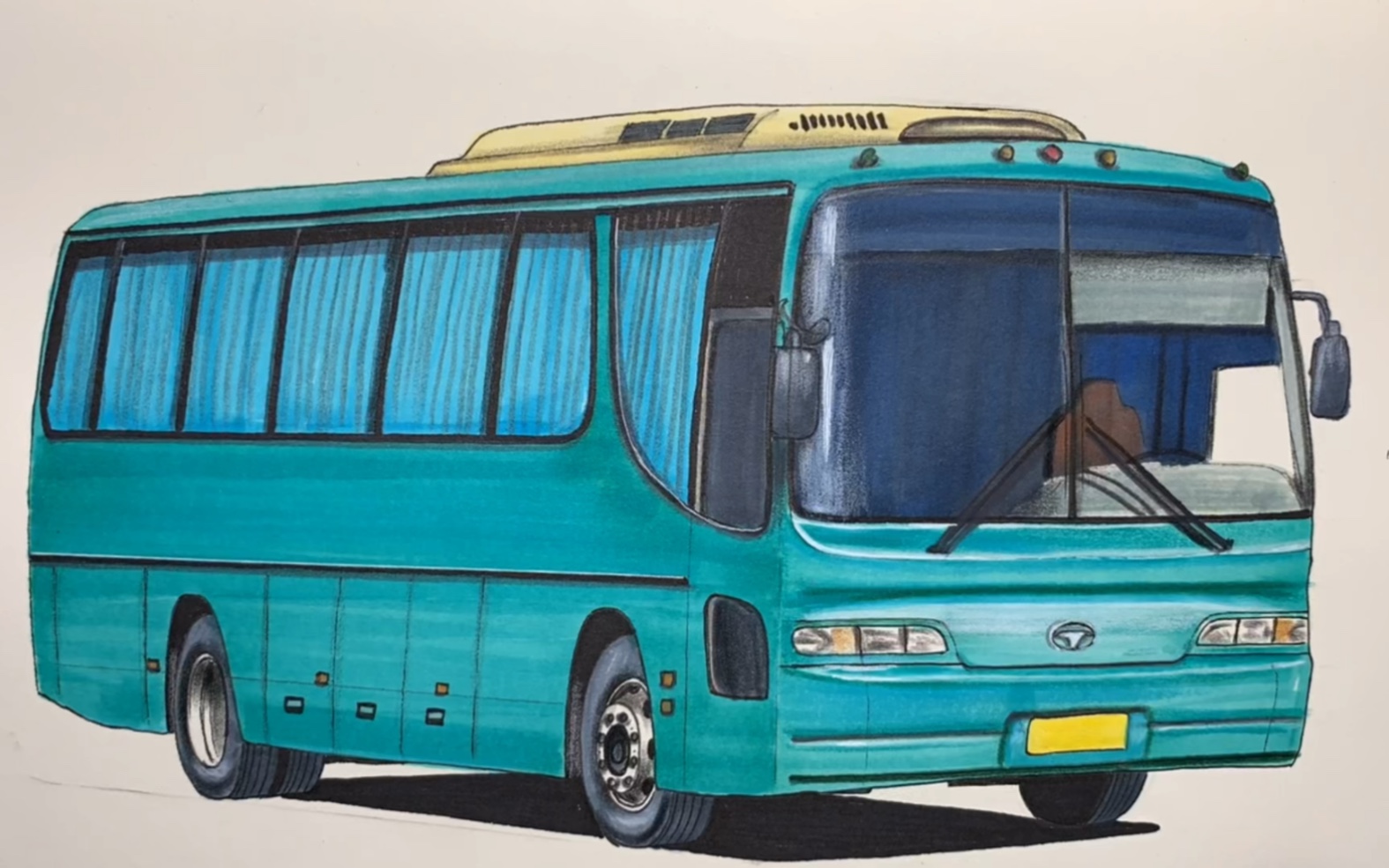 手绘桂林大宇豪华客车,采用双挡风玻璃设计