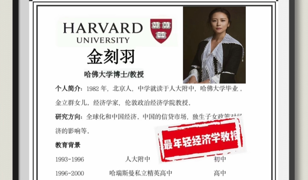 ...美国哈佛大学毕业.金立群女儿.经济学家,英国伦敦政治经济学院副教授.金刻羽中学就读于人大附中,在哈佛大学获得学士、硕士及博士学位哔哩哔...