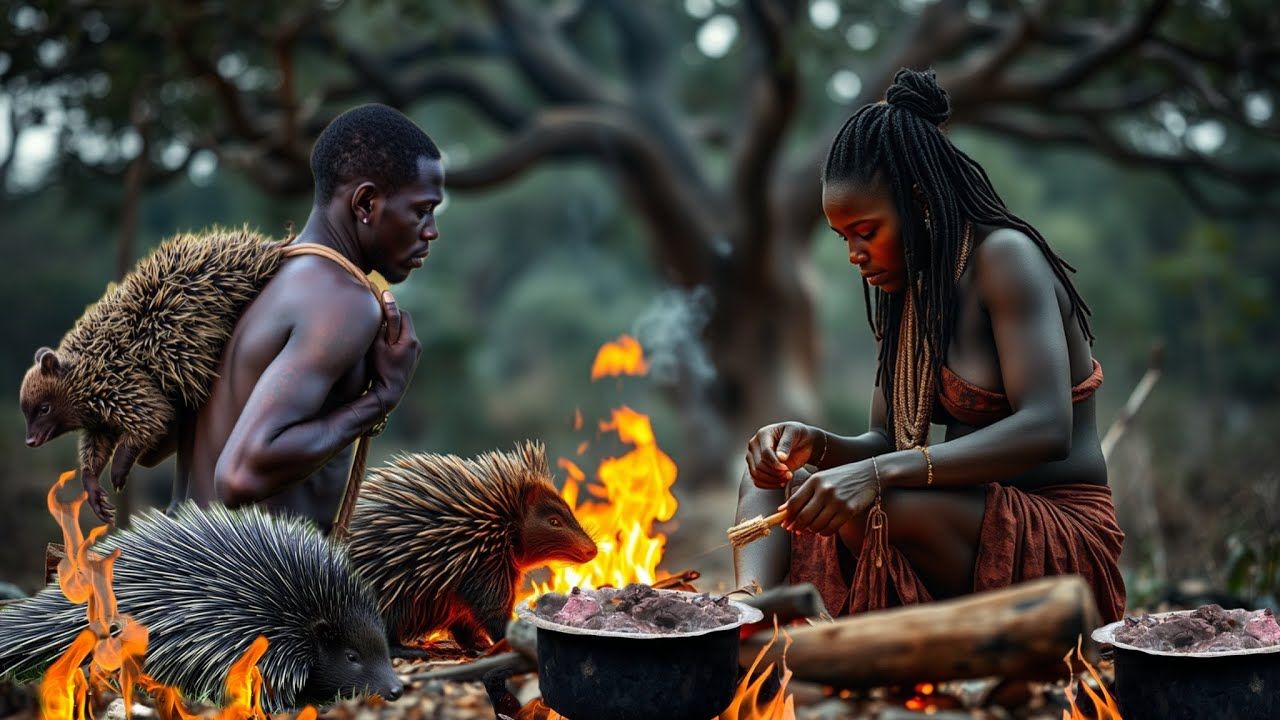 哈扎比部落在野外狩猎和烹饪豪猪! (2024) |哈扎生活