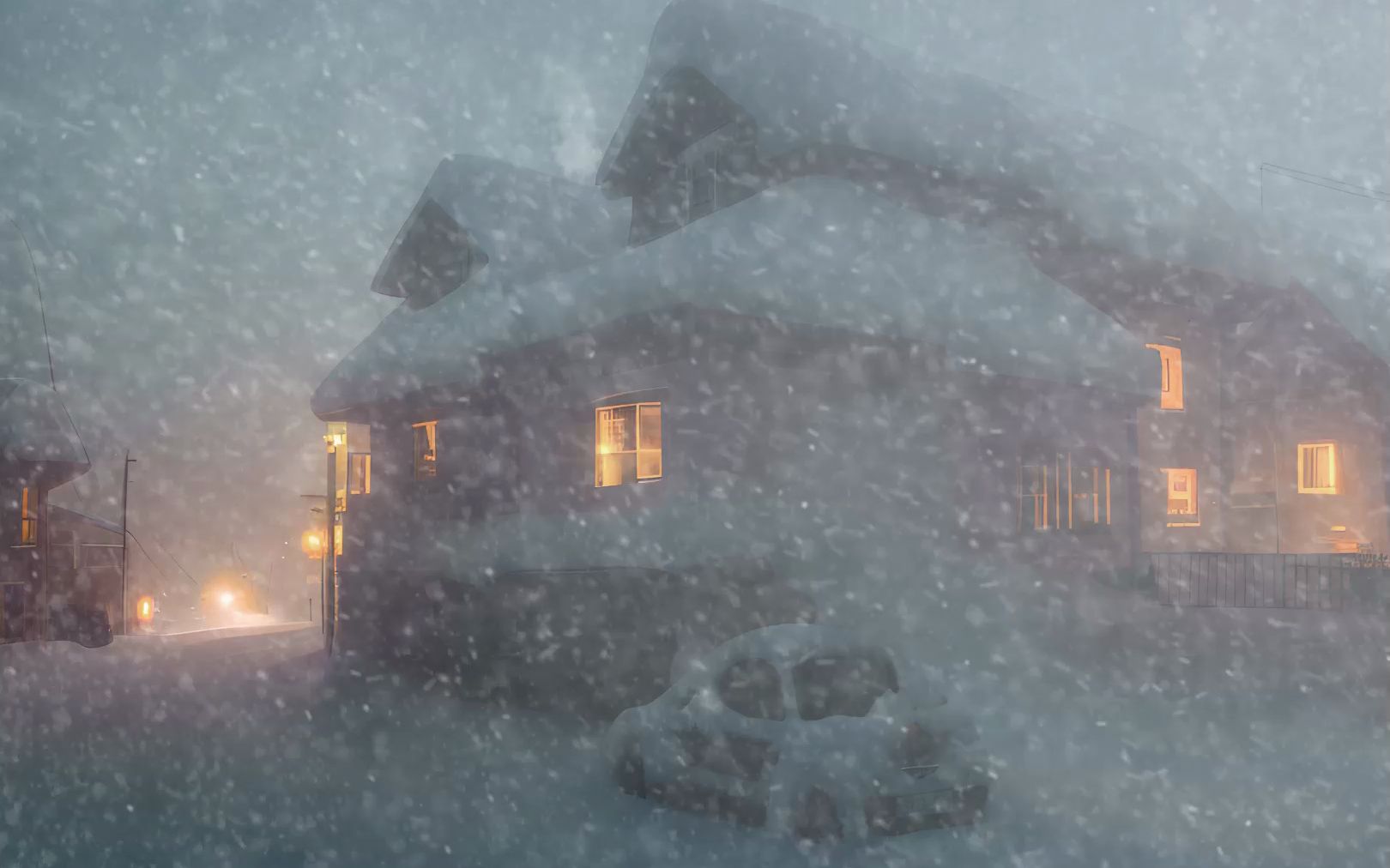 [图]在暴风雪夜的小村庄，伴着大雪，与狂风肆虐的声音，缓缓入睡