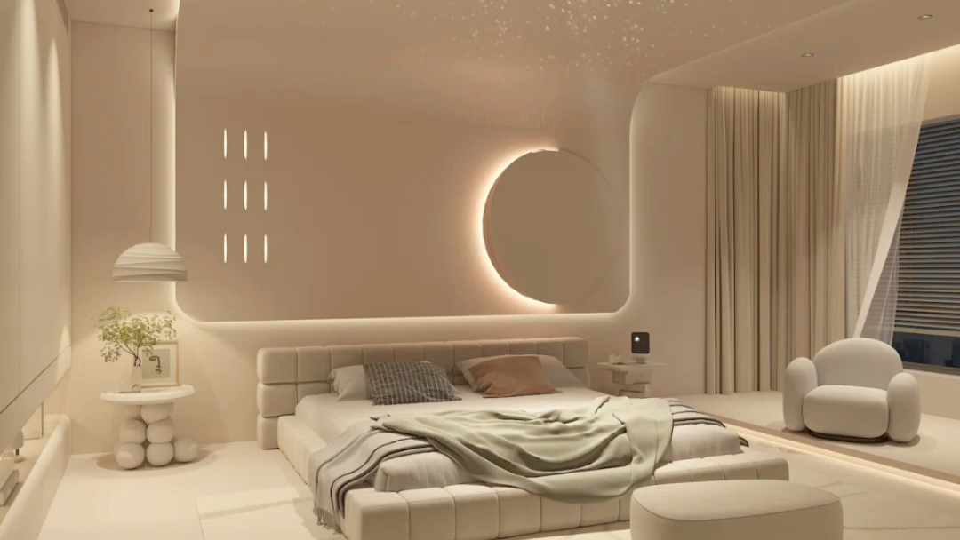 星空顶 无主灯 微水泥的卧室,绝了!