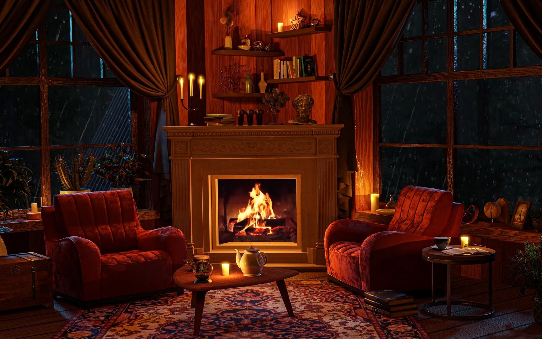 【白噪音】超长8小时丨坐在舒适的沙发上休息(温暖的壁炉 窗外的大雨)