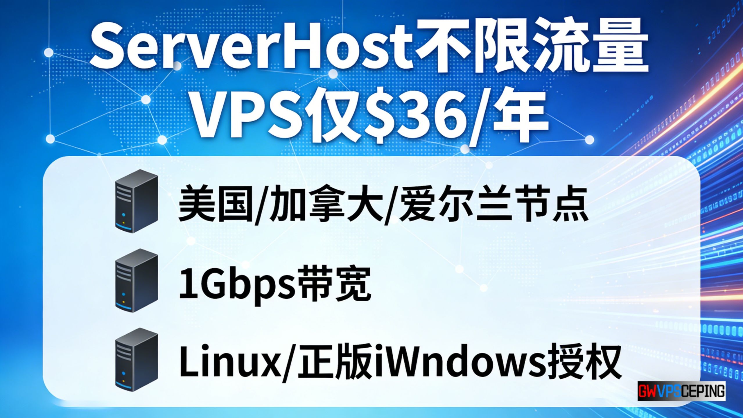 ServerHost不限流量VPS仅$36/年,美国/加拿大/爱尔兰节点,1Gbps带宽与Linux/正版Windows授权