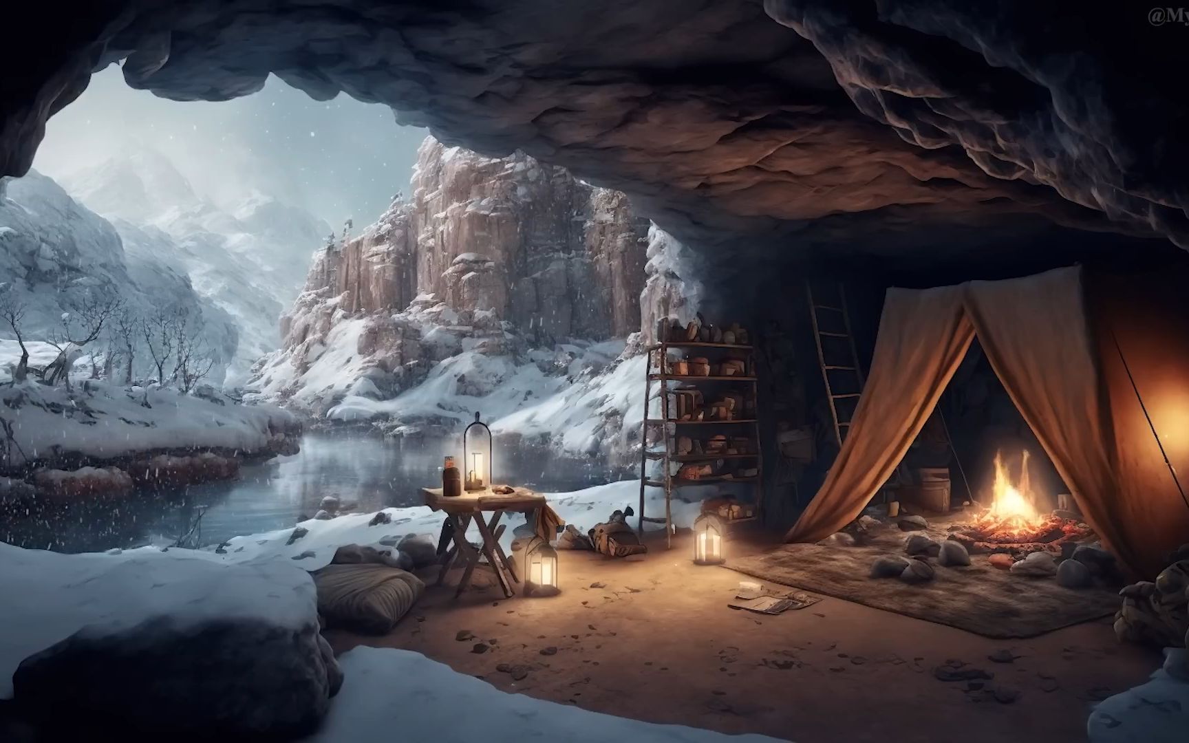 【asmr 露营氛围】在冰雪中的洞穴里露营 听风看雪 有一种天地间只剩