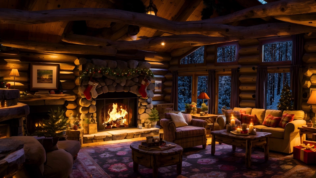 噼啪作响的壁炉燃烧声和舒适的冬季小屋 放松的暴风雪与雪花飘落声