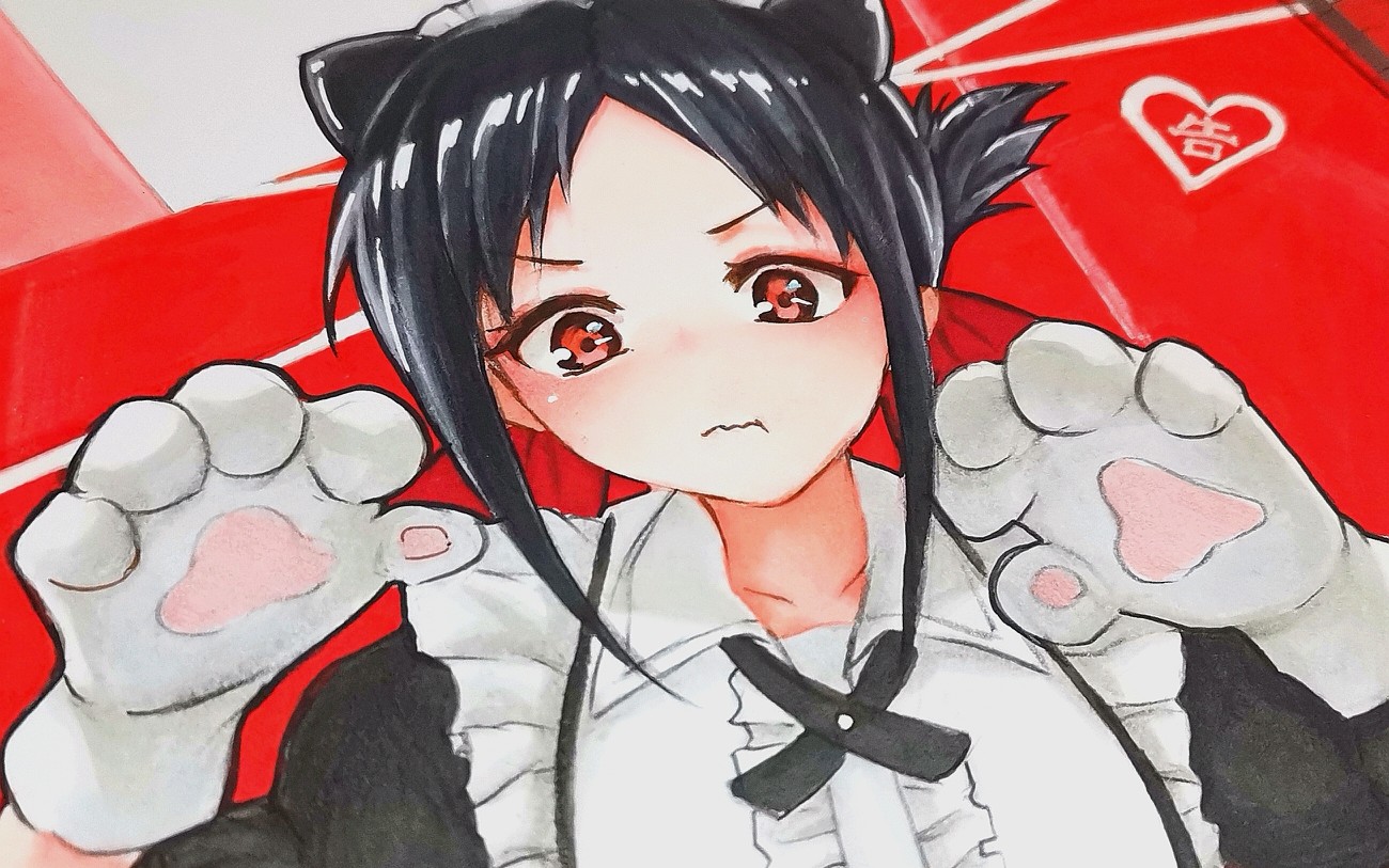 【马克笔过程】脸红(|||▽||| )/临摹一只猫耳女仆版辉夜～_哔哩哔哩