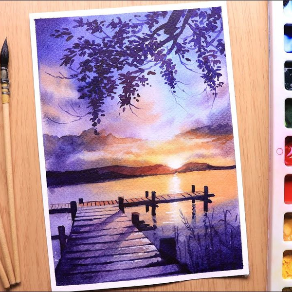 水彩画】江畔夕阳晚景Watercolor painting of sunset evening