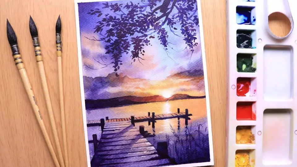 【水彩画】江畔夕阳晚景Watercolor painting of sunset evening 