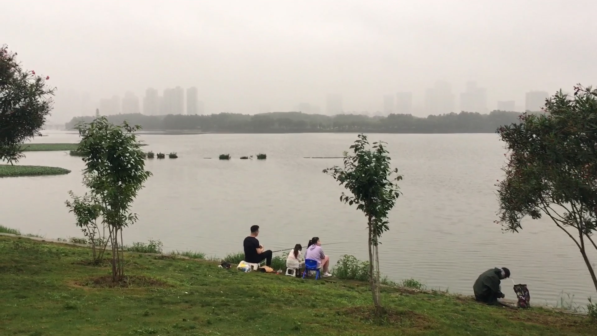 [图]疫情过后的武汉，汉阳在雨后的墨水湖边公园逛一逛，全家出动钓鱼