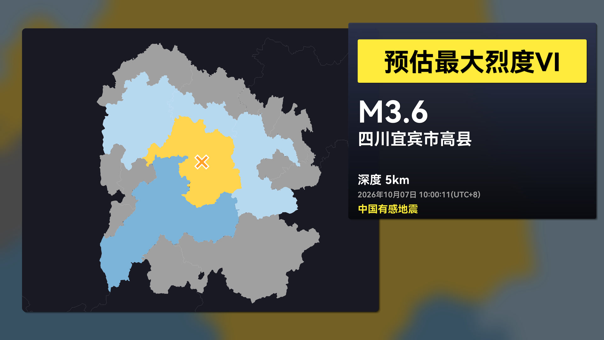 [中国有感地震]2026年10月07日10:00 四川宜宾市高县3.6级地震观测回放(EEW)