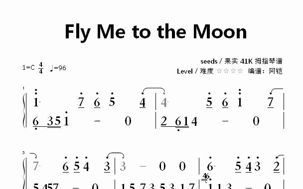 Fly Me to the Moon,41音拇指琴谱,卡林巴谱,简谱,四星难度哔哩哔哩bilibili