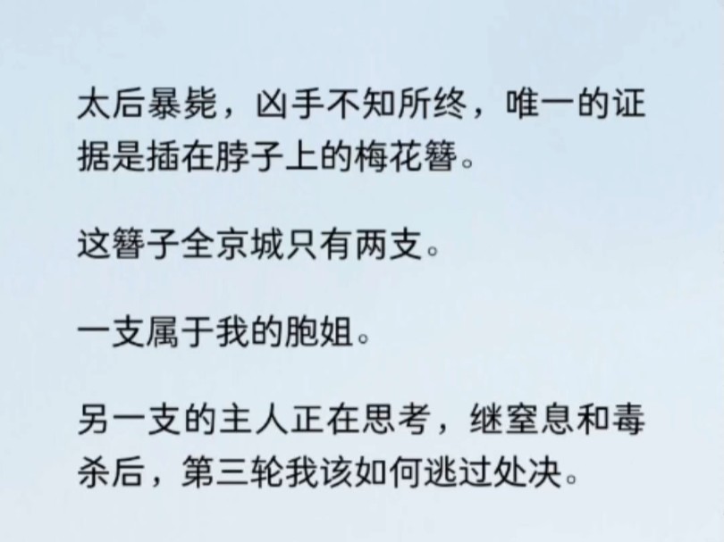 太后暴毙,凶手不知所终,唯一的证据是梅花簪.这簪子只有两支.一支属于我的胞姐.另一支的主人正在思考,继窒息和毒杀后,第三轮我该如何逃过处决...