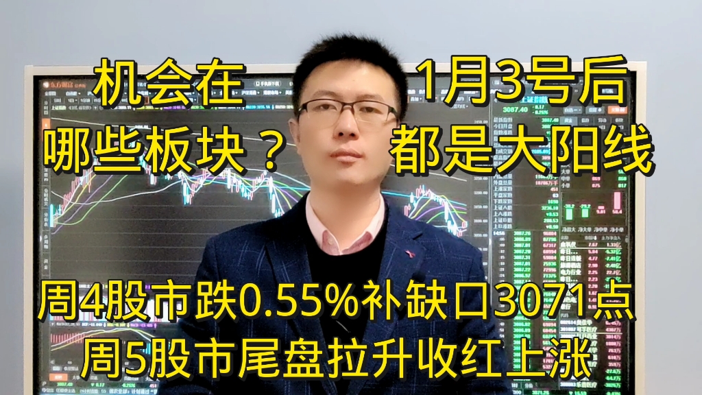 A股周4跌0.55%补缺3071点,股市周5尾盘拉升收红上涨,23年1月3号后都是大阳线哔哩哔哩bilibili