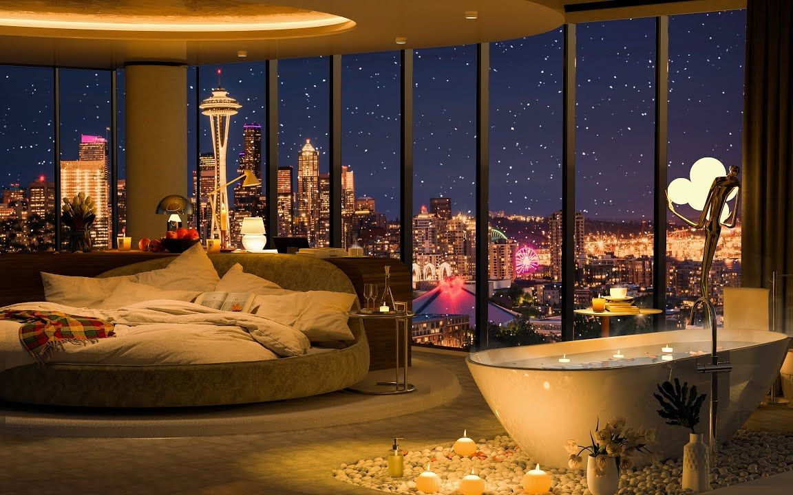 【卧室氛围】西雅图城市夜景氛围|窗外飘雪 | 流畅的钢琴爵士音乐