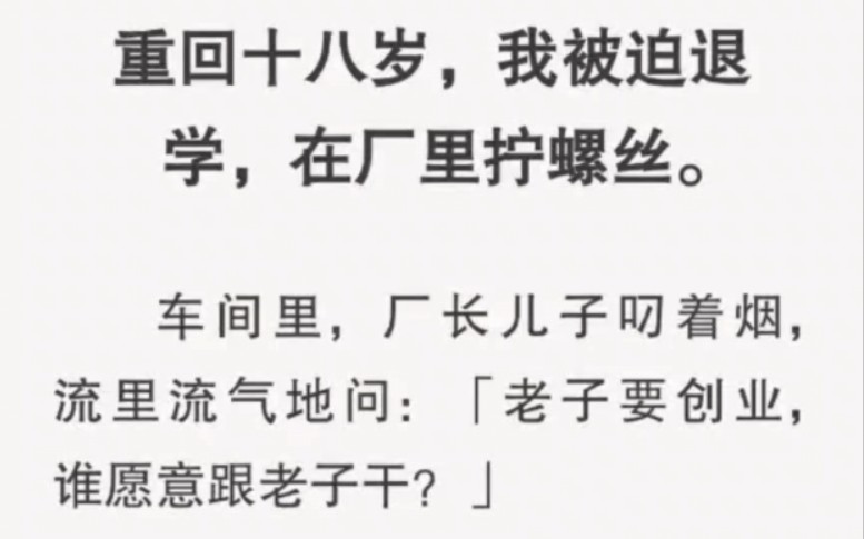 重回十八岁,我被迫退学,在厂里拧螺丝.厂长儿子叼着烟,流里流气地问:「老子要创业,谁愿意跟老子干?」鸦雀无声中,我举起了手.哔哩哔哩bilibili