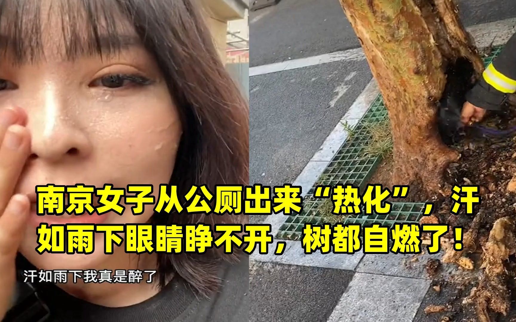 南京女子从公厕出来"热化",汗如雨下眼睛睁不开,树都自燃了!