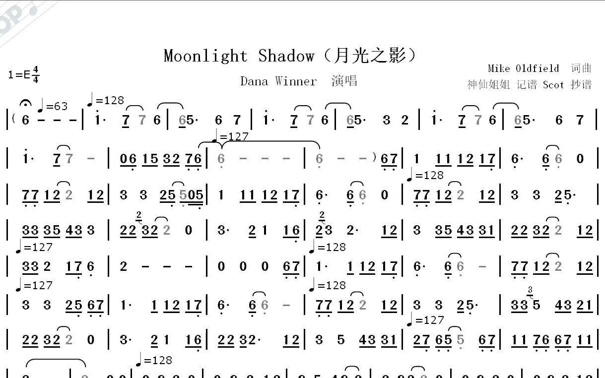 [图]Moonlight Shadow（月光之影）--Dana Winner演唱--动态简谱