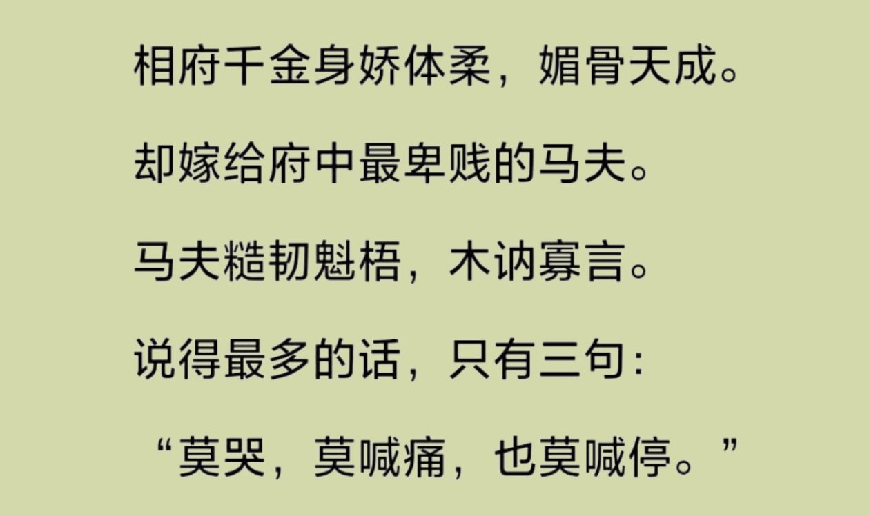 相府千金身娇体柔,却嫁给府中最卑贱的马夫.马夫糙韧魁梧,木讷寡言.说得最多的话,只有三句:“莫哭,莫喊痛,也莫喊停……”哔哩哔哩bilibili