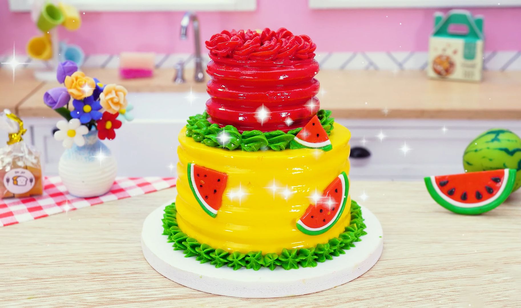 治愈解压迷你美食:西瓜菠萝主题双层蛋糕
