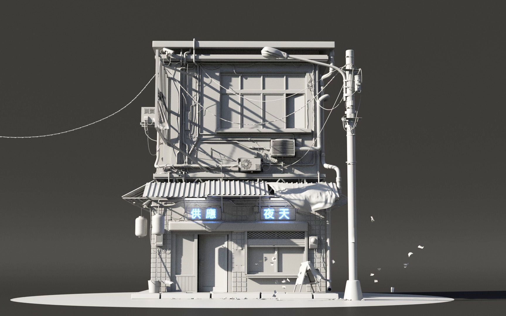 朋克风场景白模制作,0基础建模案例讲解