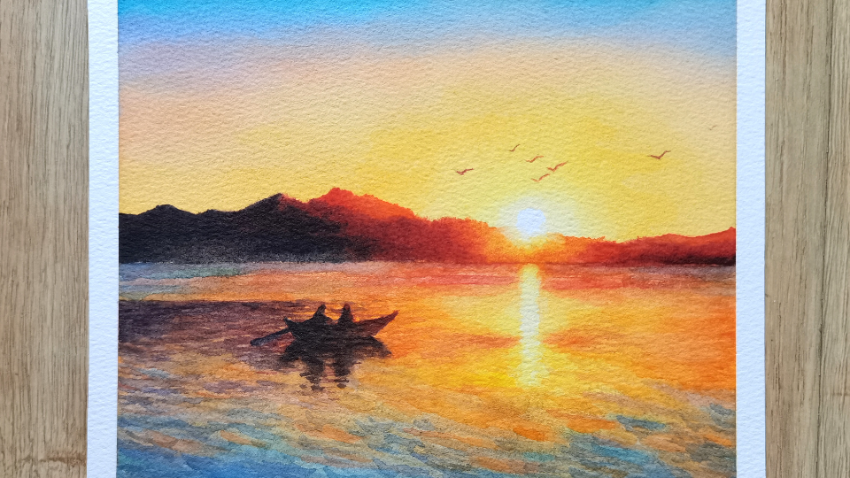 【水彩画】流金岁月 手绘水彩风景画教程,夕阳湖水远山