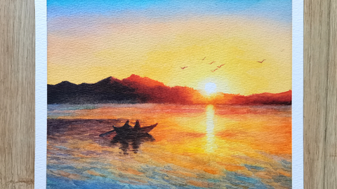 水彩画】流金岁月手绘水彩风景画教程，夕阳湖水远山_哔哩哔哩_bilibili