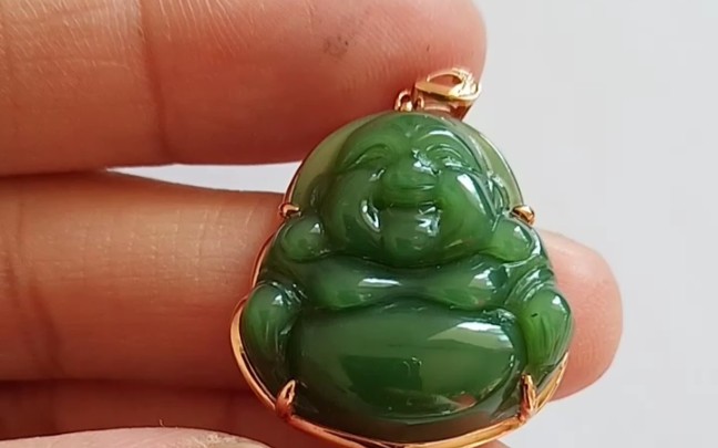 和田玉碧玉猫眼佛公冰底绿猫25厘米18k金镶嵌冰透干净