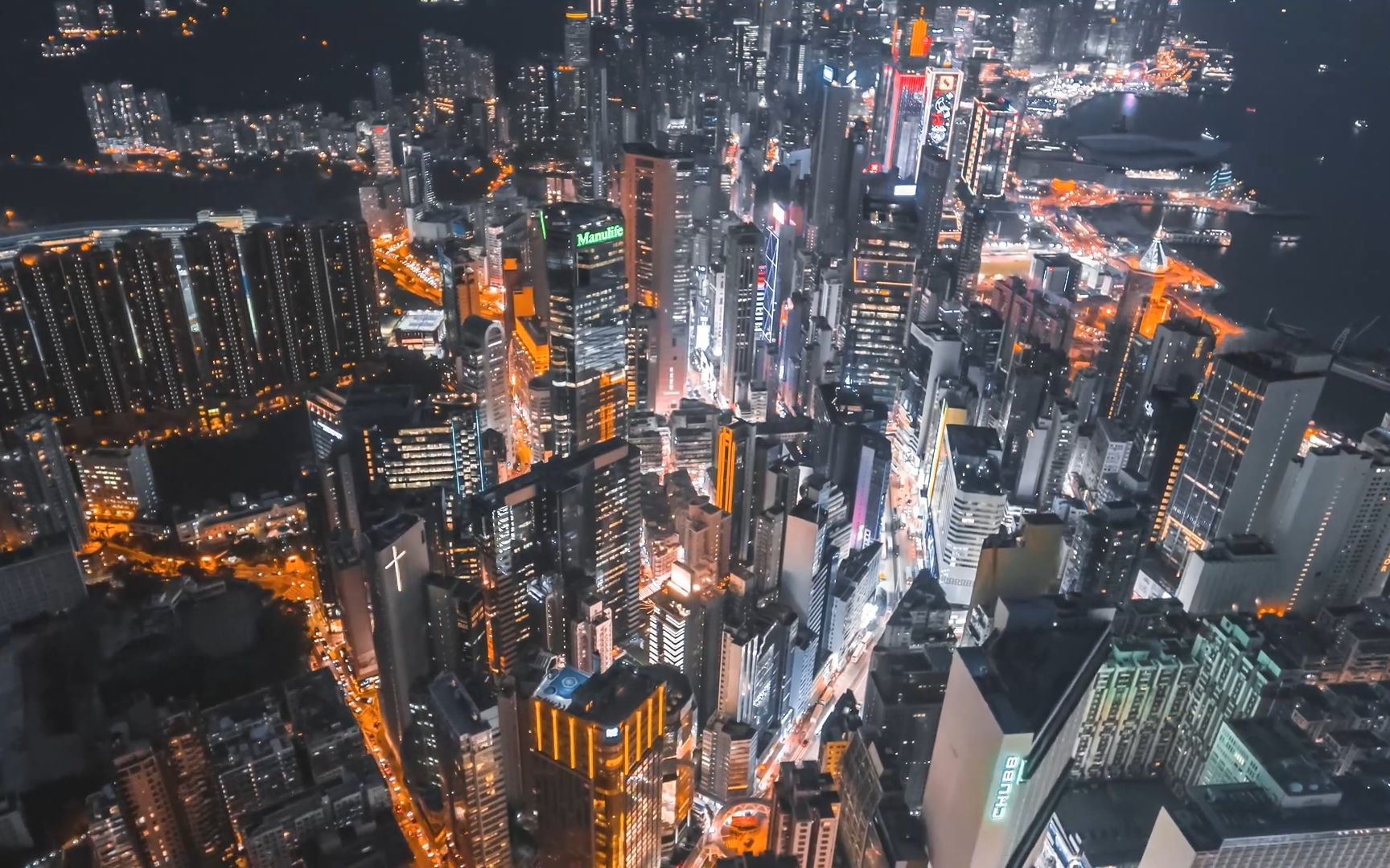 航拍香港城市夜景灯光