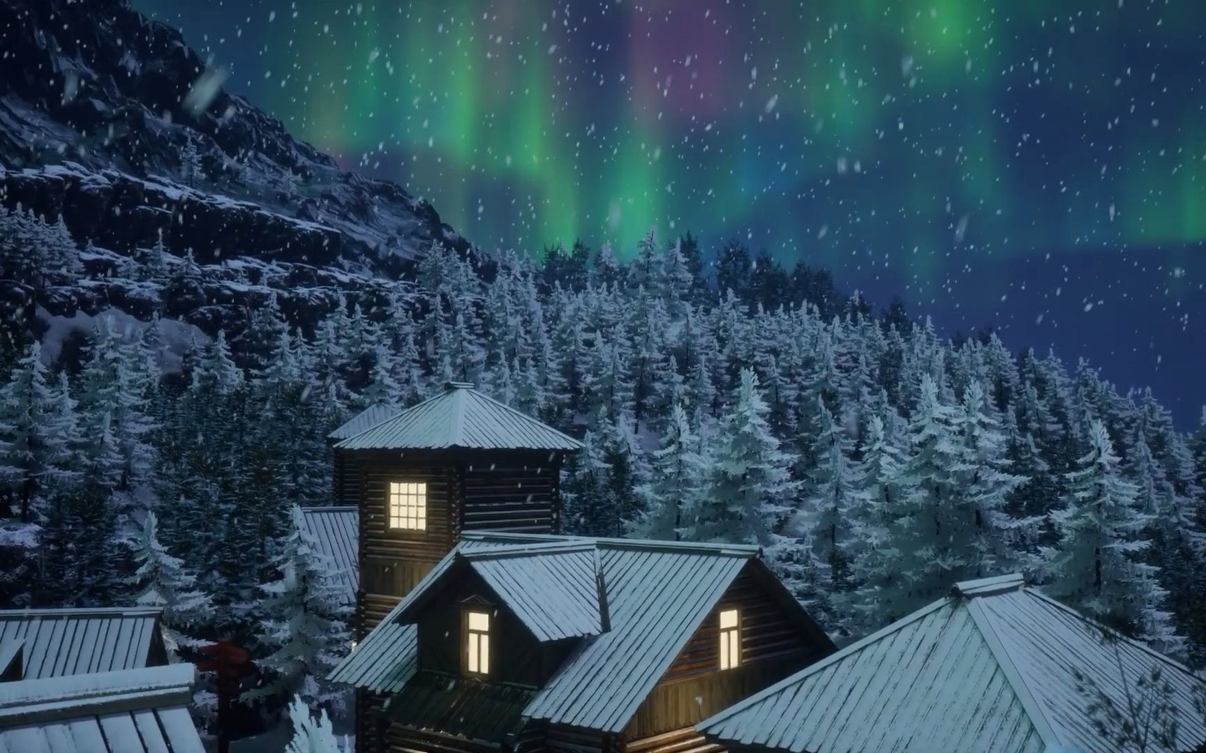 【白噪音】9015北欧雪原山村极光之夜(bgm) 踩雪走路 货车赶路