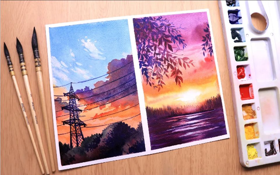 水彩水彩画日落和多云的黄昏风景