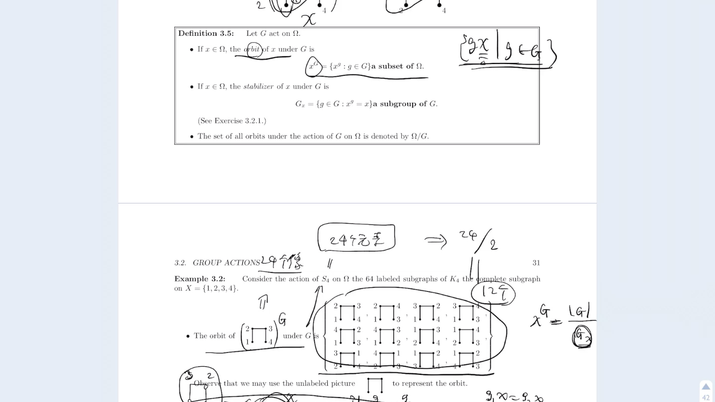 [图]群论-组合数学，S4作用在某图形上的轨道与稳定化子，轨道数=群的总作用数/重复度，所有轨道的重复次数都是一样的//近世代数-抽象代数-有限群