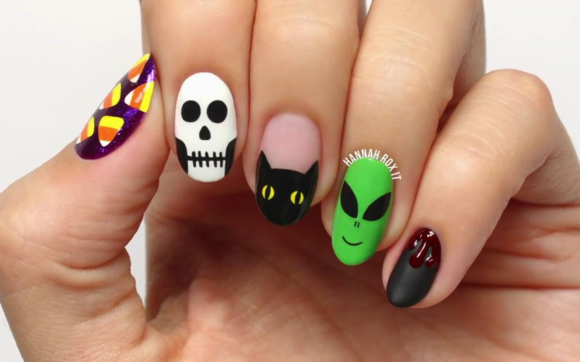 hannah rox 万圣节美甲创意(糖果,骷髅,黑猫,外星人,血迹)