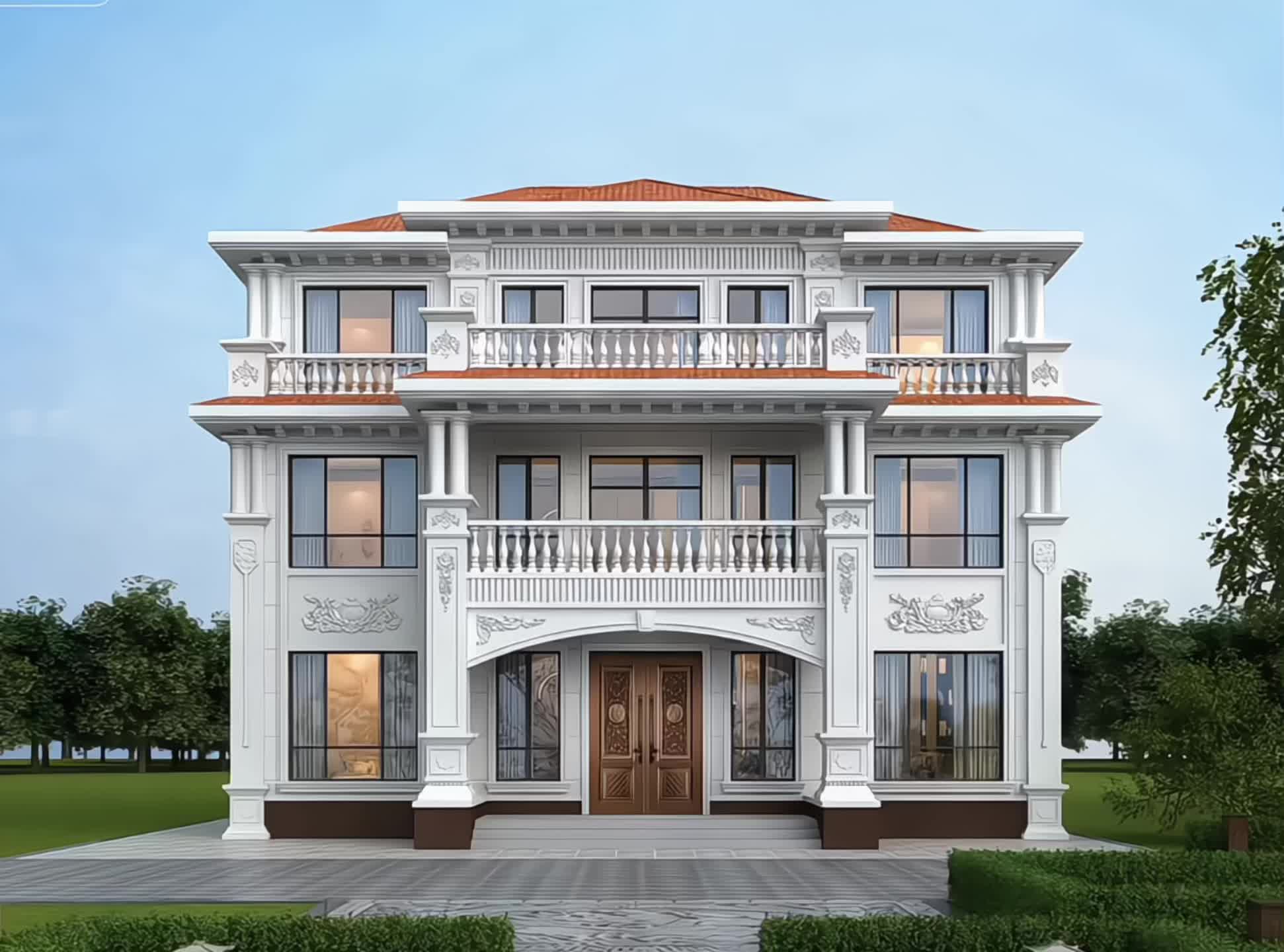 面宽15米,进深12米,欧式风格三层自建房外观#别墅设计