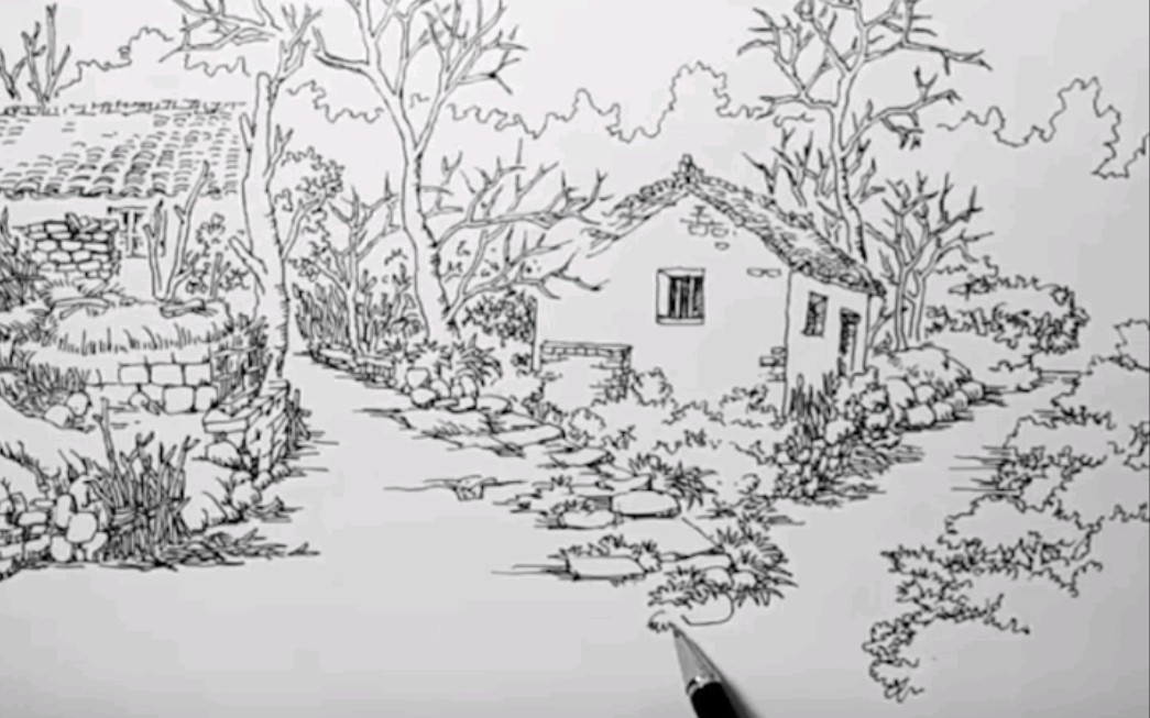 【线描风景钢笔画】如何用钢笔画画出茂密生机的乡间小路?哔哩哔哩bilibili