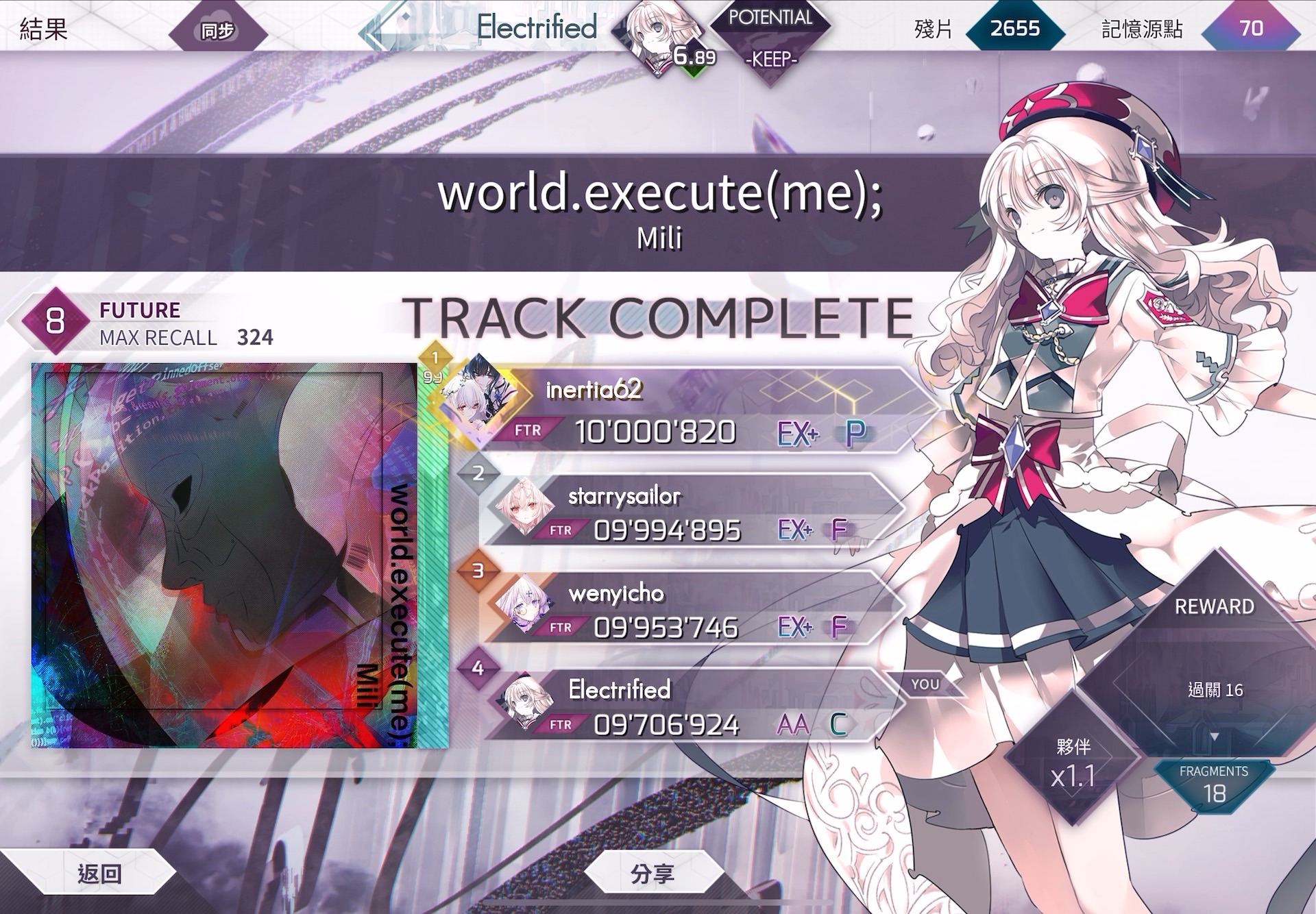 16) vs e (6.88) — world execute(me); future8