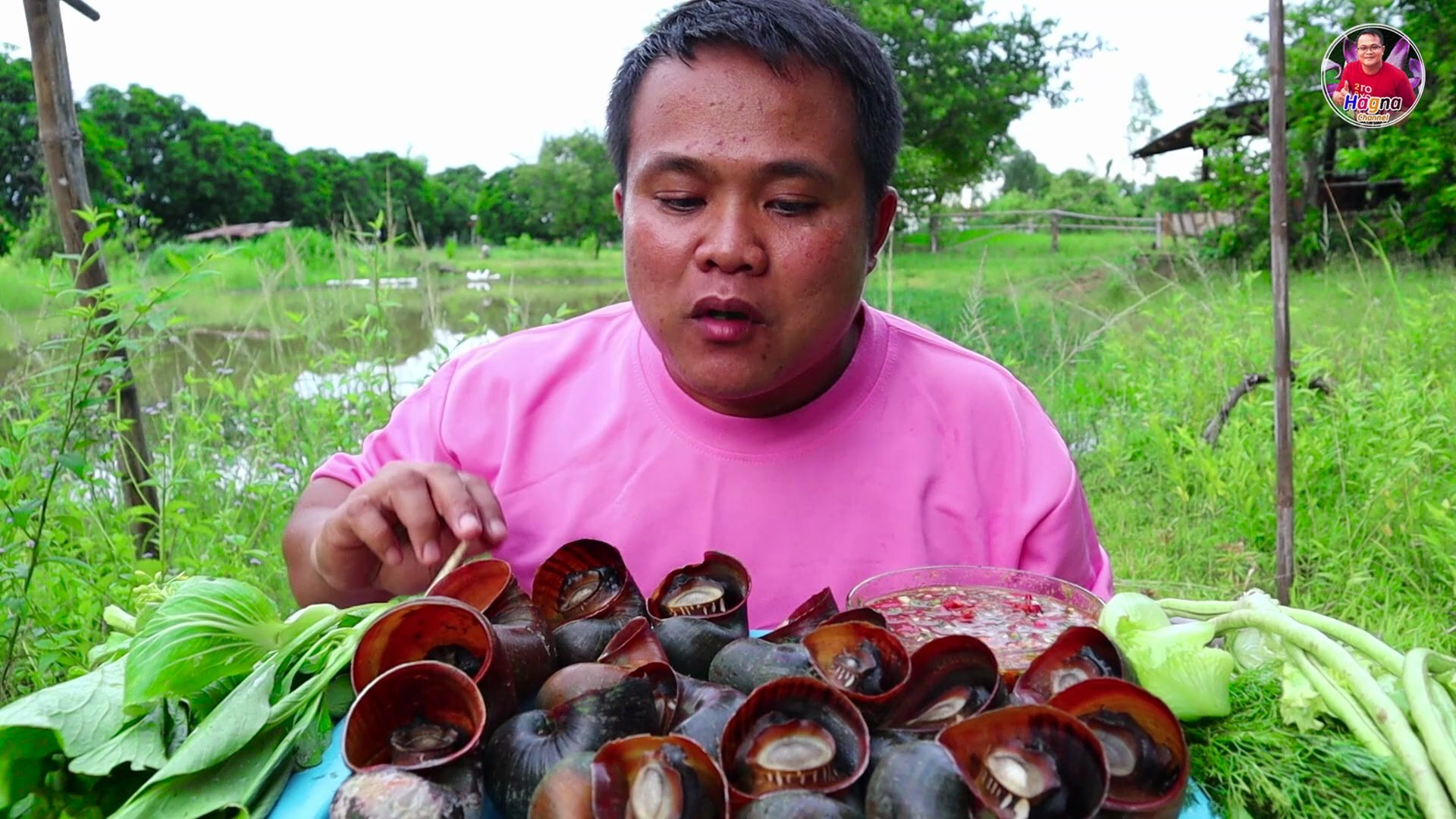 泰国吃播新鲜田螺配上美味蘸酱和脆皮蔬菜爽