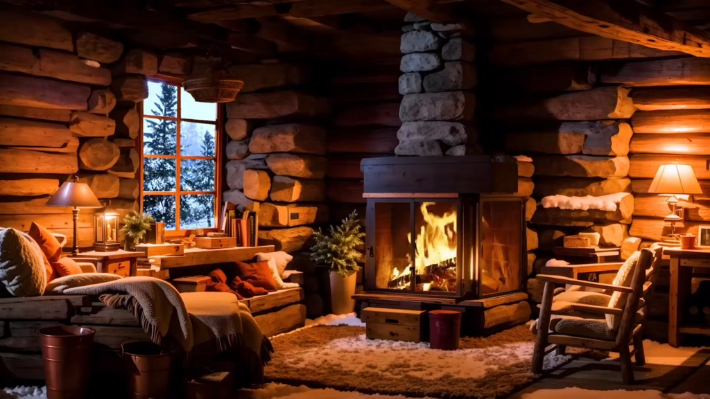 壁炉燃烧的爆裂声和暴风雪呼啸的冷风声适合在舒适的小屋里放松睡觉