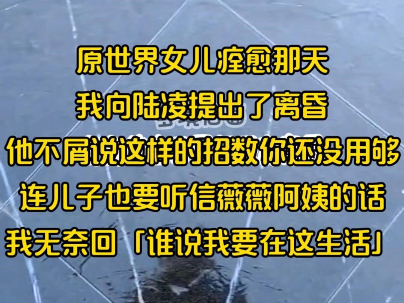 原世界女儿痊愈那天,我向陆凌提出了离昏,他不屑说这样的招数你还没用够,连儿子也要听信薇薇阿姨的话,我无奈回「谁说我要在这生活」哔哩哔哩...