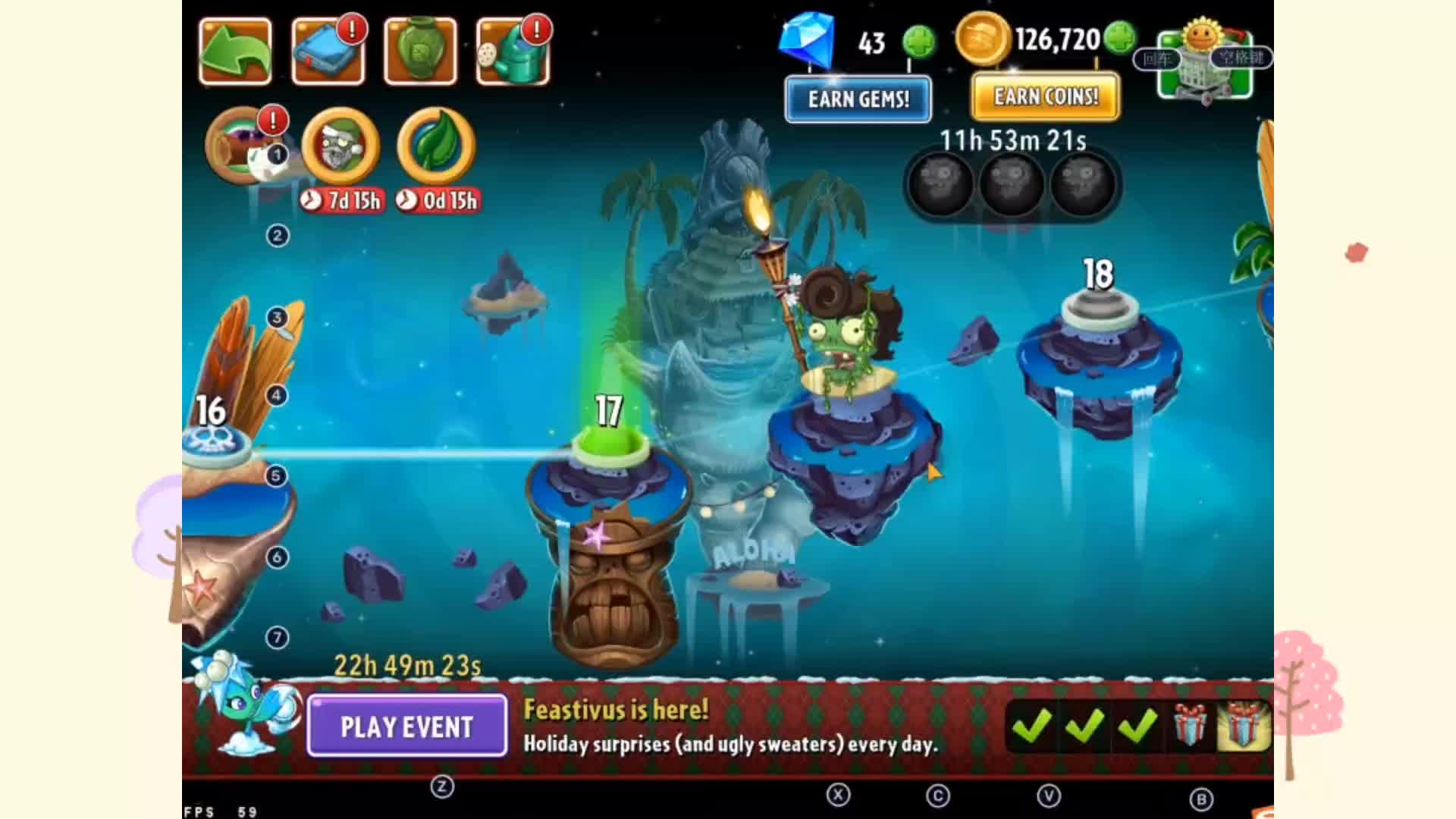 pvz2国际版流程137:巨浪沙滩17-18天章鱼僵尸出现了