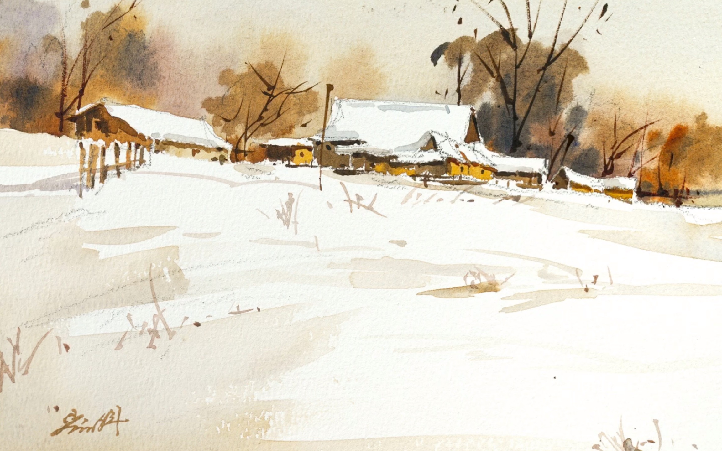 雪中小木屋,水彩四步图,划重点型教程