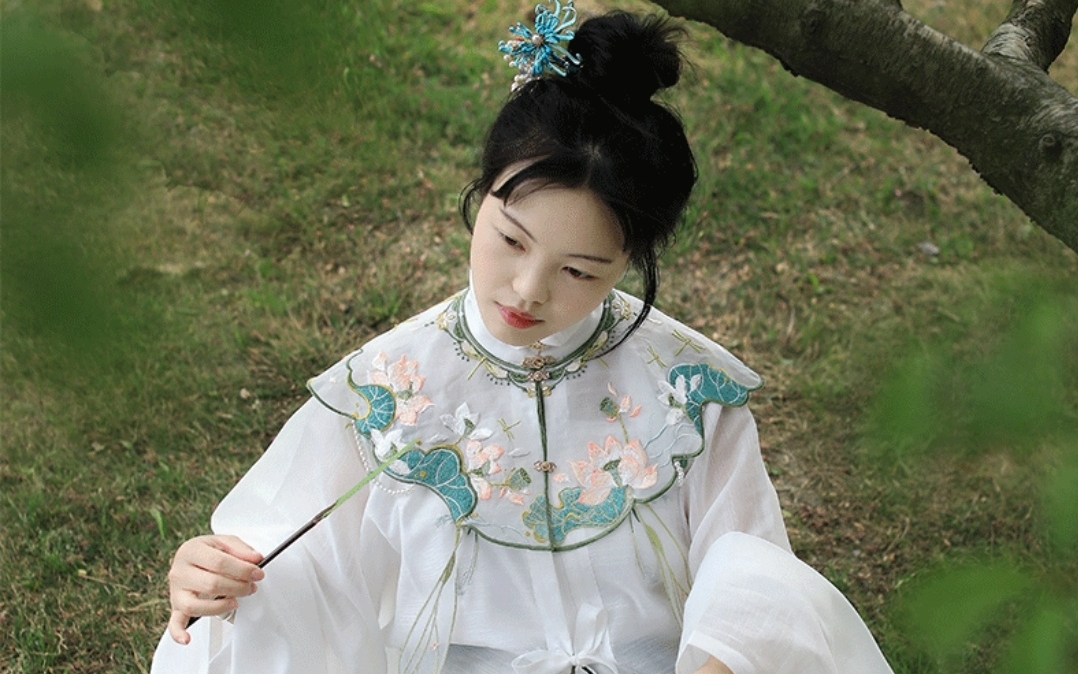 汉服上新资讯:黎落阁---刺绣荷花云肩/蝴蝶双面异色挎包