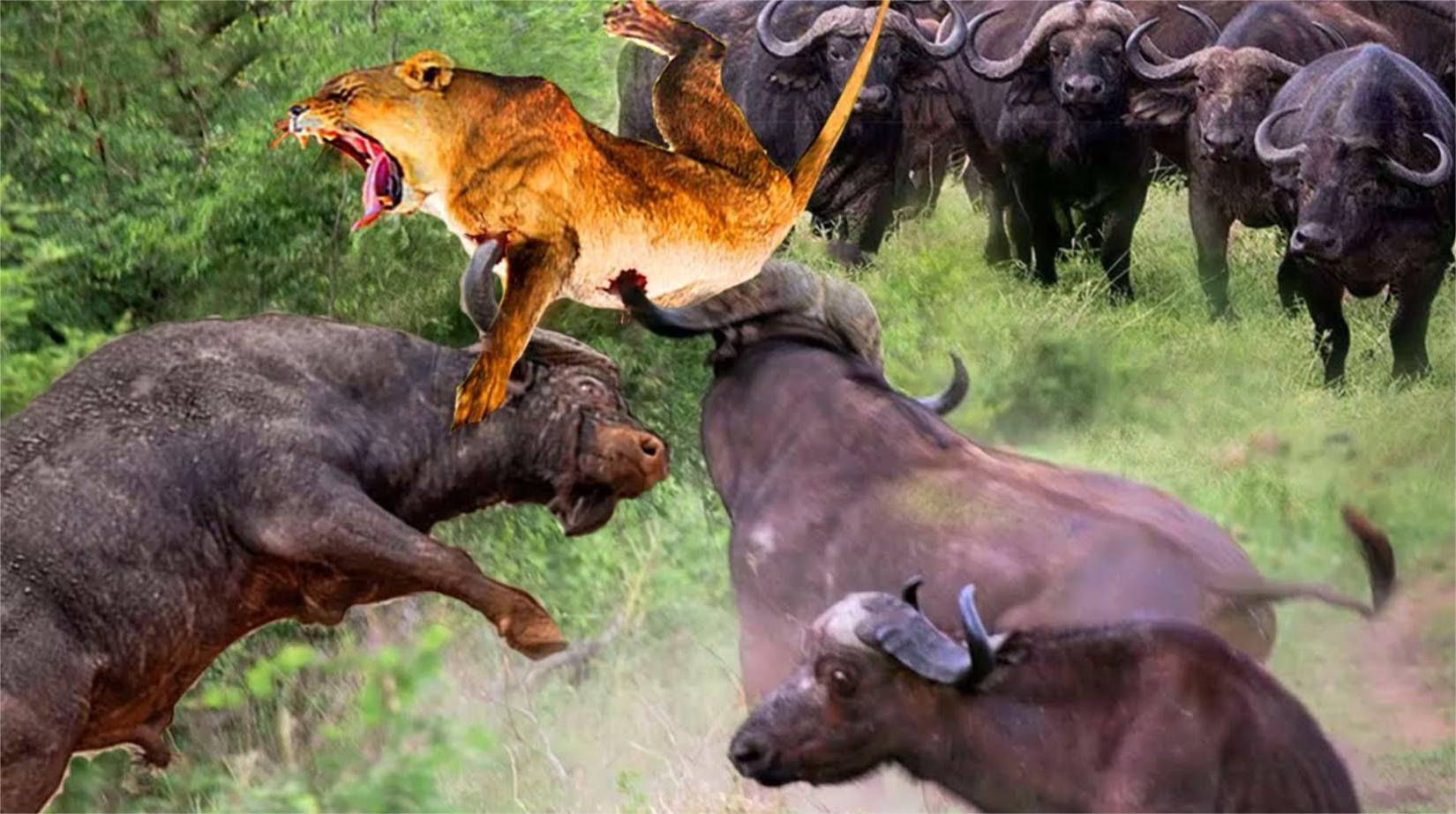 傲慢的狮子被一群水牛撞上天空-狮子vs水牛,野生动物袭击!