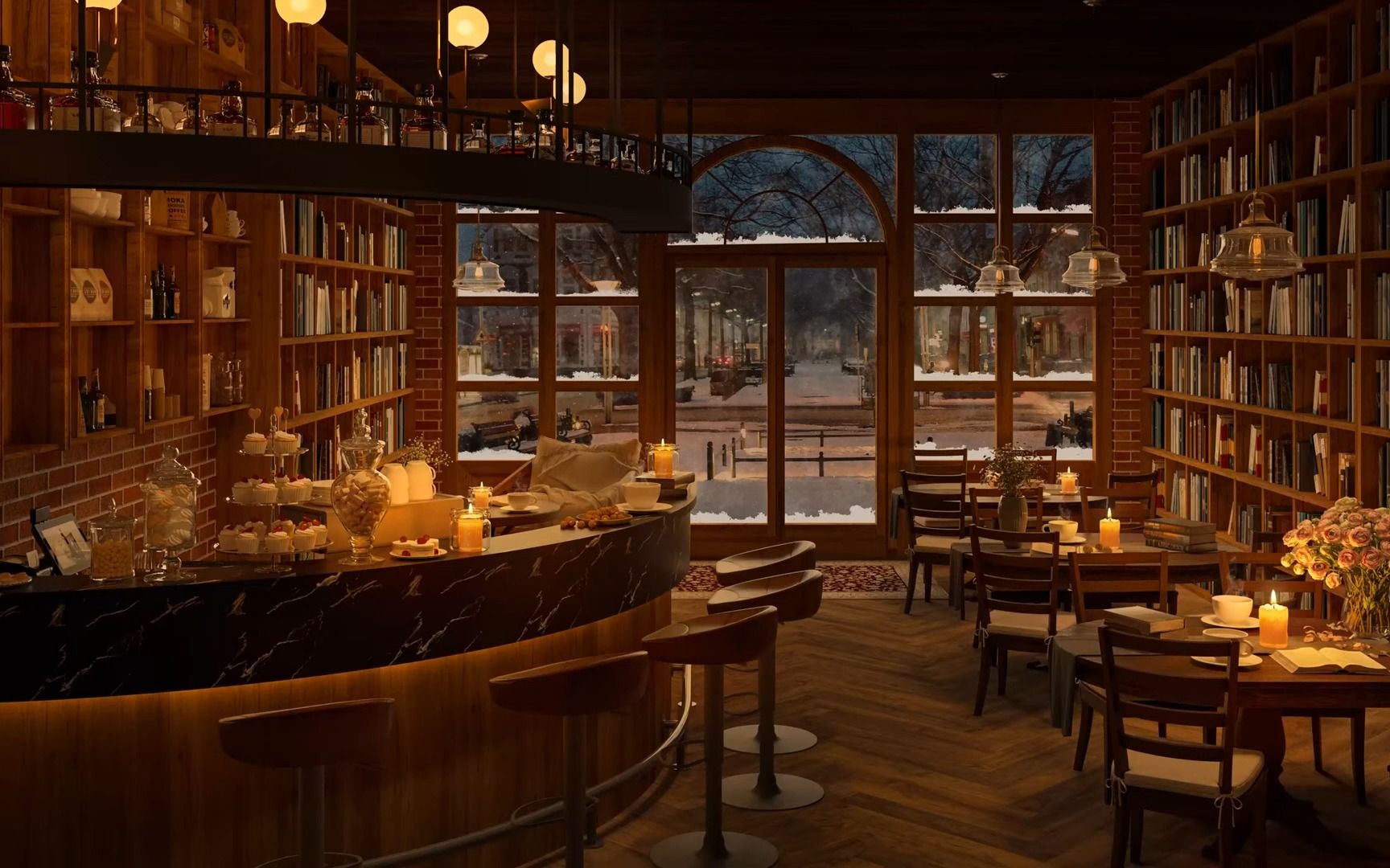 【白噪音】6.5小时丨舒适的冬季咖啡馆(放松的爵士乐&窗外下雪)